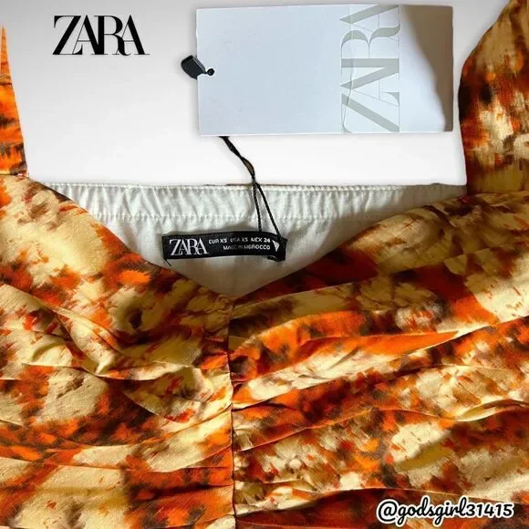 NWT Zara Printed Drape Crop Top Square Neck Orange Floral Sz XS - Picture 9 of 10